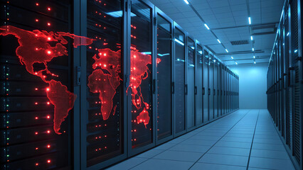 Server racks in a data center with glowing red digital world map projections, highlighting global connectivity and advanced technology infrastructure
