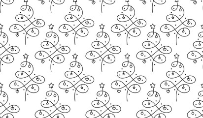 Fir Tree Outline Seamless Pattern. Christmas and New Year Tree Endless Repeating Background. 