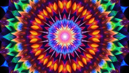 Kaleidoscopic explosion of vibrant colors and intricate patterns, a mesmerizing symmetrical visual symphony, creating an abstract spiritual or psychedelic experience