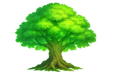 Vibrant green tree illustration with lush foliage, a strong trunk, and spreading roots, representing life and nature