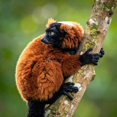Obraz premium A vibrant primate perches on a tree branch, looking back