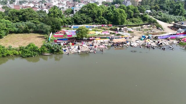 Aerial shot of Dhobi Ghat at Gomti River at Husainabad, Lucknow, Uttar Pradesh, India