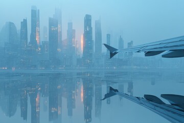 Beijing skyline and airplane wing reflection create a futuristic cityscape in blue tones