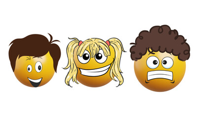 Happy, fun cartoon illustration set of smiling children faces with thumbs up and cute animal icons