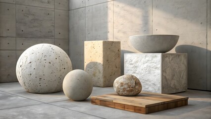 Abstract Collection of Realistic Concrete, Stone, and Wood Textures in an Industrial Showroom Background