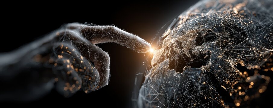 A digital, futuristic hand reaches to touch the Earth, forming a glowing network of connections