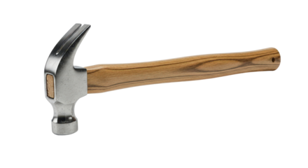 Close-up view of a polished metal claw hammer with a wooden handle isolated on black isolated on transparent background