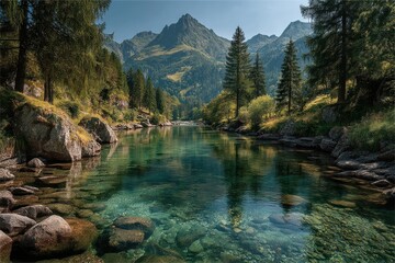 Tranquil alpine lake in a forested valley with crystal water and towering mountains