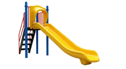 Vibrant yellow playground slide structure with metal supports for outdoor recreation fun isolated on transparent background