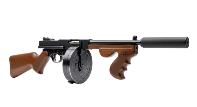 Iconic thompson submachine gun with drum magazine and suppressor detail isolated on transparent background