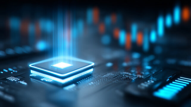 Processor emitting data beams that suggest high performance computing, optimization, and growth analytics.
