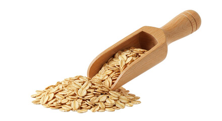 Whole rolled oats pouring from wooden scoop healthy breakfast ingredient food photography isolated on transparent background