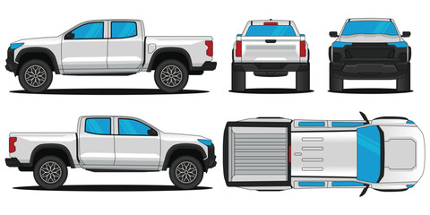 Pickup car vector. Car mockup illustration of a pick up colorado.  Isolated on white background, With side, front, rear and top views