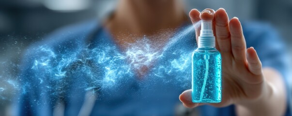 Nurse holds blue disinfectant spray bottle releasing mist in clinical setting