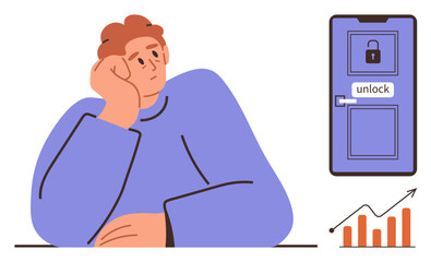 Thoughtful man resting head on hand beside locked door with unlock sign, symbolizing opportunities and growth. Ideal for motivation, inspiration, problem-solving, decision-making, strategy