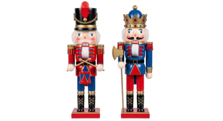 Traditional wooden nutcracker soldiers with ornate uniforms and hats displayed together isolated on transparent background