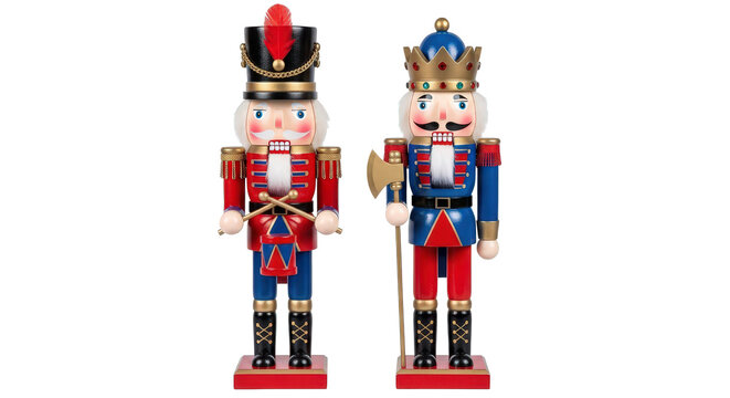 Traditional wooden nutcracker soldiers with ornate uniforms and hats displayed together isolated on transparent background