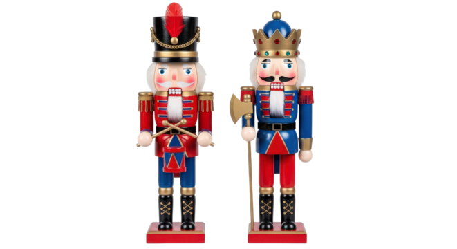 Traditional wooden nutcracker soldiers with ornate uniforms and hats displayed together isolated on transparent background - Powered by Adobe