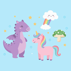 Cute dragon and a pink unicorn in a magical fantasy world with a rainbow and stars.