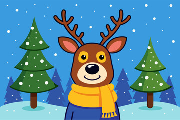 Festive Cartoon Reindeer in Snowy Winter Forest Illustration