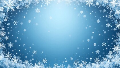 An enchanting winter wonderland scene featuring a decorative frame of frosty snowflakes and glittering ice crystals against a serene blue background