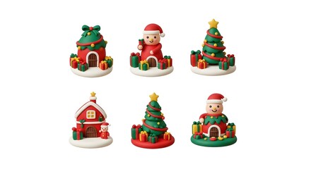 Naklejka premium Six festive clay Christmas figurines featuring Santa, decorated trees, and cozy houses with gifts.