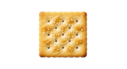 Golden baked square cracker with textured surface and perforations isolated top view isolated on transparent background