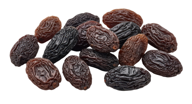 Pile of dried raisins healthy organic snack food close up detail texture natural sweetness macro shot isolated on transparent background
