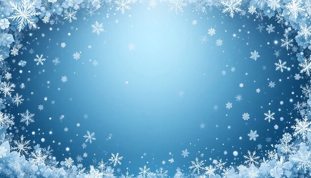 An enchanting winter wonderland scene featuring a decorative frame of frosty snowflakes and glittering ice crystals against a serene blue background - Powered by Adobe