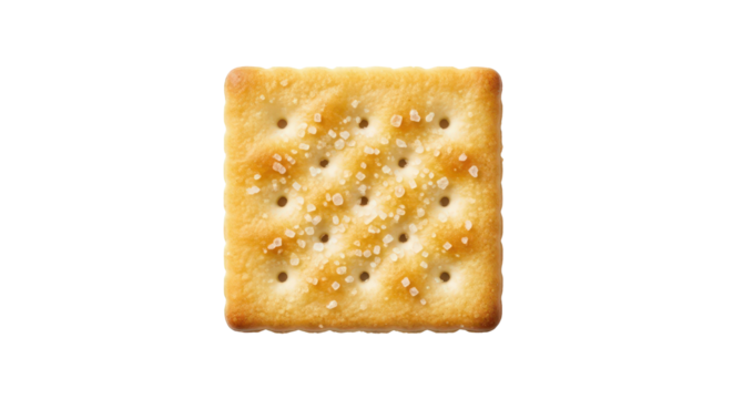 Golden baked square cracker with textured surface and perforations isolated top view isolated on transparent background