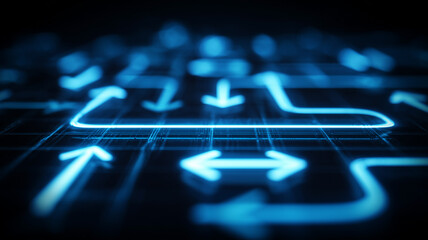 Directional paths on a digital grid illustrating workflow routing, decision automation, and optimized journeys through complex systems.
