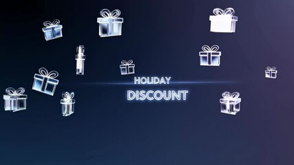 Animated holiday discount message with floating presents on a blue background. The text Holiday Discount is centered on the display
