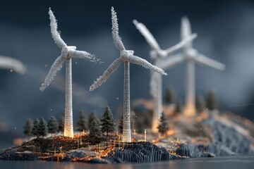 Digital illustration of wind turbines on a snowy landscape with glowing grid lights at night