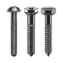 Detailed vector illustrations of bolts and screws, minimalist graphic design, clean lines, black colour vector design and white background (2).eps