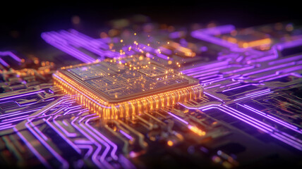 A high performance chip on an electronic board with active signals, conveying accelerated computing, artificial intelligence processing, and next generation performance.
