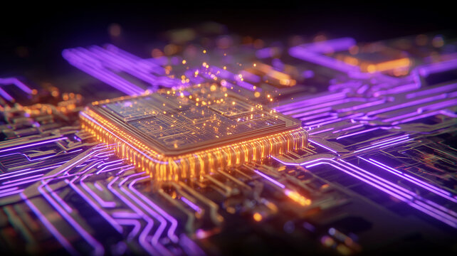 A high performance chip on an electronic board with active signals, conveying accelerated computing, artificial intelligence processing, and next generation performance.
