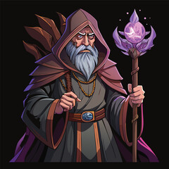Obraz premium Mystical Wizard Character with Magic Staff,Fantasy Illustration,The Mystic Wizard,Ancient Sorcerer of Light,Elder Mage Character Design,Powerful Magic Sorcerer