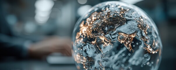 Global network of illuminated earth globe shows digital connections and futuristic city lights across planet