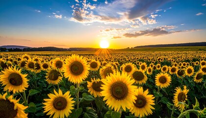 Vast sunflower field glowing under a golden sunset.