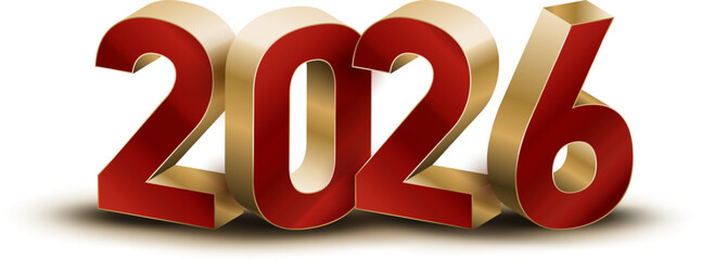 Red and gold 3D 2026 number design representing the year 2026 on transparent background