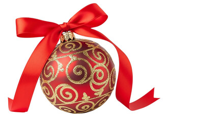 Red Christmas Bauble with Gold Swirls and Red Ribbon Bow