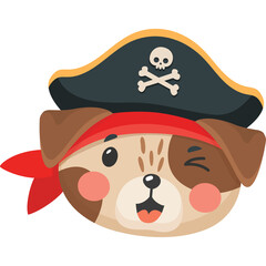 Cute Cartoon Dog Wearing Pirate Hat and Red Bandana Winking with Open Mouth and Rosy Cheeks against Transparent Background