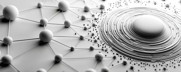 Abstract white background with concentric circle and connected spheres network