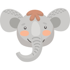 Cute Cartoon Elephant Face with Big Ears and Pink Cheeks on a Transparent Background for Childrens Design