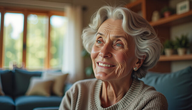 Smiling elderly woman enjoying a peaceful moment at home with natural light