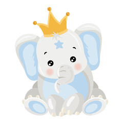 Cute Cartoon Elephant Wearing a Golden Crown and Blue Details Sitting Down with Pink Cheeks and Expressive Eyes Against a Transparent Background