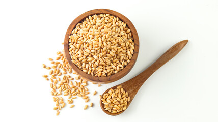 Wheat grain in wooden bowl isolated on a white background.
