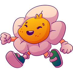 Cute Cartoon Flower Character with Orange Face and Freckles Running with Green Shoes and Pink Soles on Transparent Background