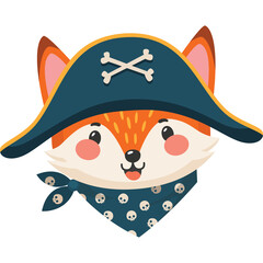 Cute Cartoon Fox Pirate Wearing Blue Tricorne Hat With Skull And Crossbones And Skull Patterned Bandana With Transparent Background