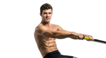 Fit male athlete training with rowing machine on isolated background